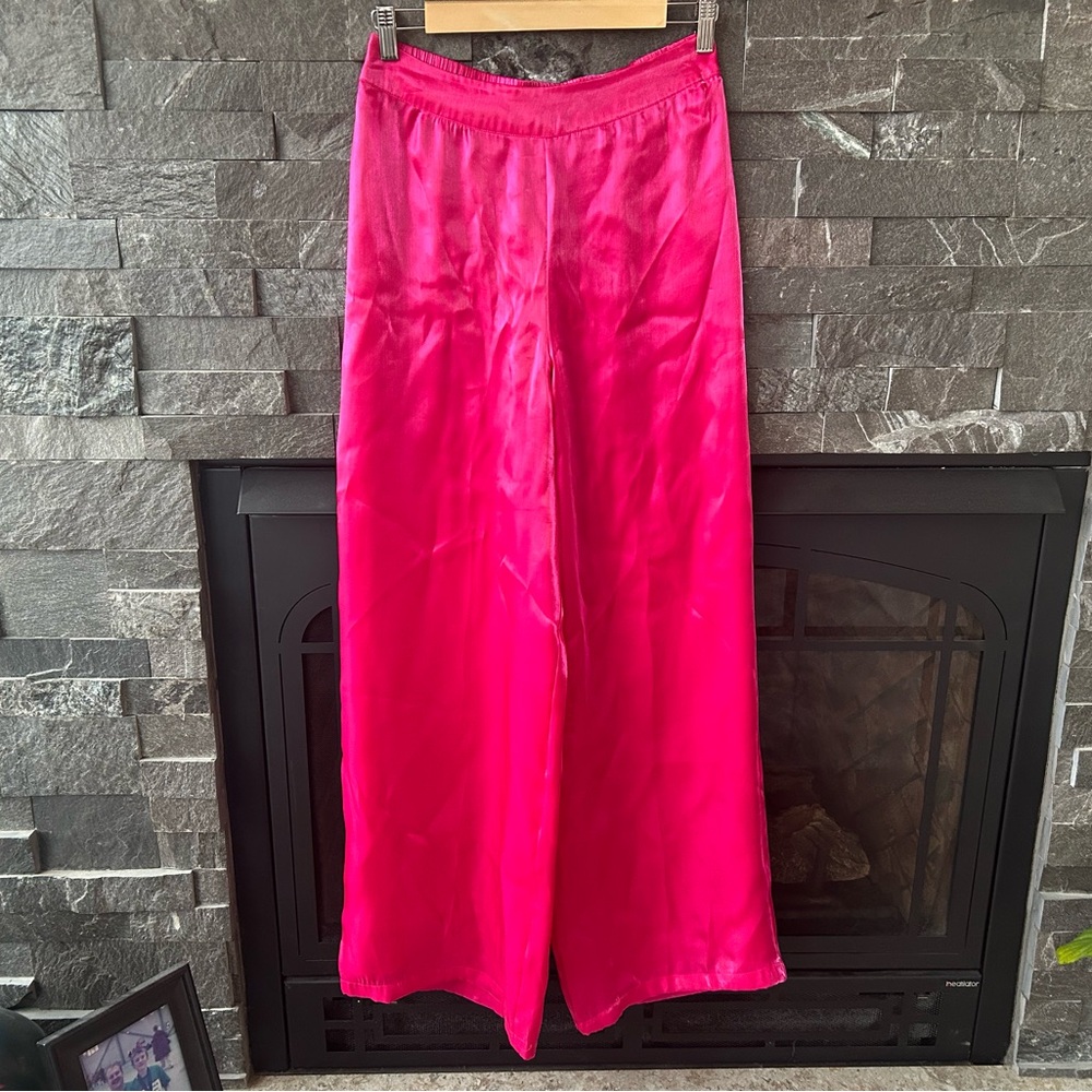 House of Harlow 1960 Neon Pink Satin Wide-Leg Pants